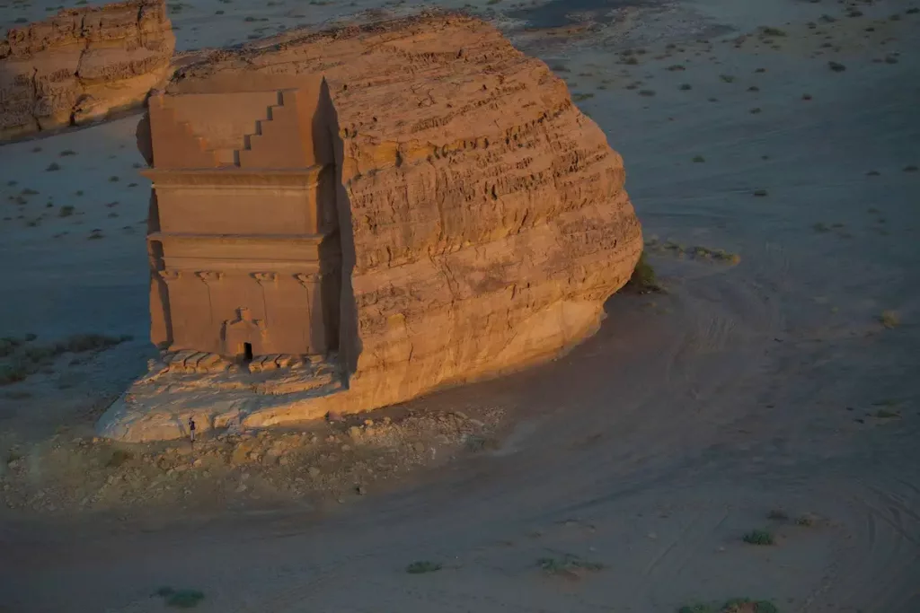 2- View of Tomb of Lyhian Son of Kuza at Hegra from the helicopter, AlUla, Saudi Arabia